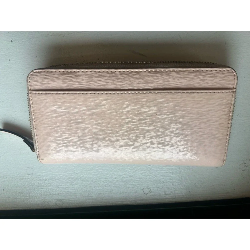 Kate Spade Bow Zip Around Wallet Blush Pink Hatched Leather Clutch Gold Tone